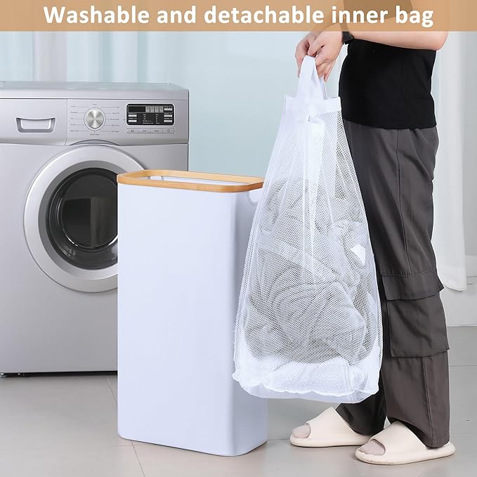 iEGrow 60L Slim Laundry Hamper, Narrow Laundry Basket with Lid,Foldable Clothes Hamper with Bamboo Handles,Hamper Basket with Removable Inner Bag for Laundry Room Bedroom College Dorm,15.85 Gals White - Image 6