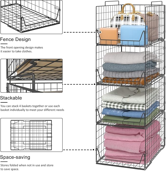 Jakyitvi Stackable Closet Organizers and Storage Bins 4 Pack, Sturdy Metal Clothes Storage Container for Clothes Pants Sweaters, Black Folded Drawer Shelf Organizer for Closet Wardrobe - Image 4