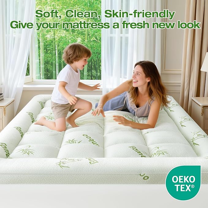Mattress Topper Viscose Derived from Bamboo Twin XL Size, Soft Thick Pillow Top Mattress Pad Cover for Back Pain, Cooling Mattress Protector with 8-21 Inch Deep Pocket, White & Green