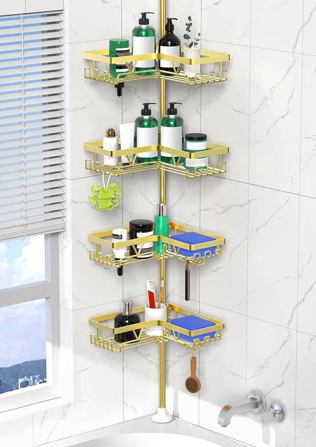 DAOYA Shower Caddy Tension Pole - Gold Corner Shower Caddy Stainless Steel Bathroom Shower Organizer for Tub Tension Rod Corner Shower Shelves(22-114.2inch) by DAOYA