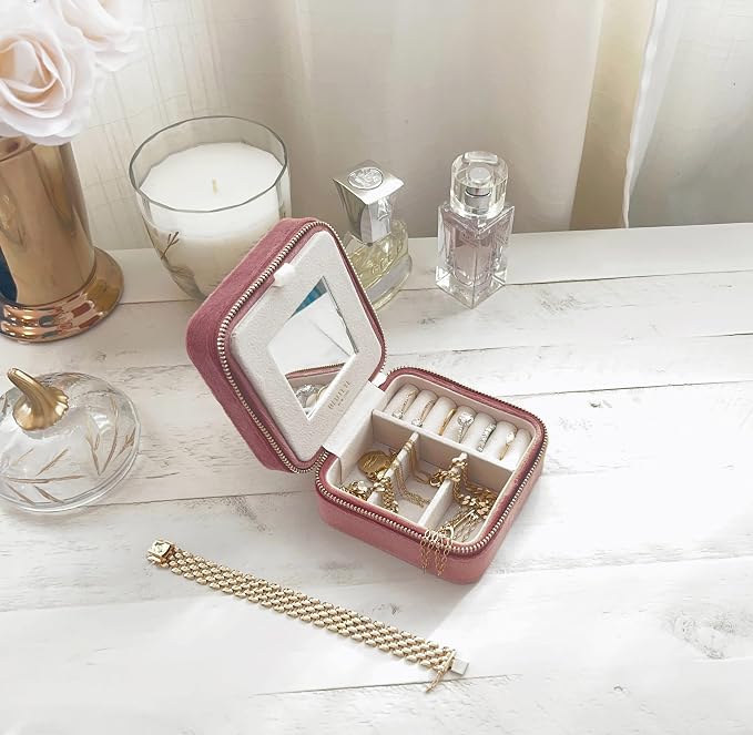BLUTETE Travel Jewelry Box Organizer Velvet Travel Case With Mirror Ring Earrings Necklaces Storage Organizer Box (Dusty Pink) - Image 5