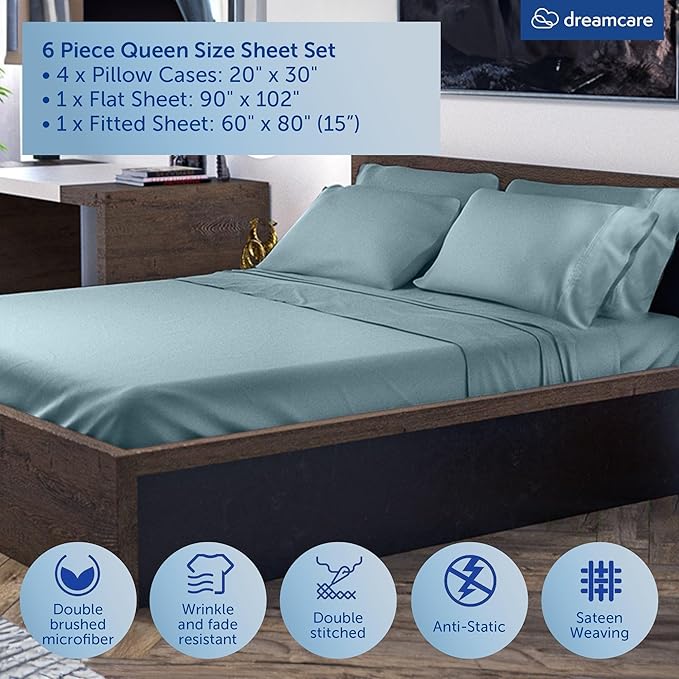 DREAMCARE Queen Sheet Set - 6 pcs Breathable Cooling Bed Sheets - up to 15" Deep Pocket Queen Sheets Set with Side Pockets - Extra Soft 100% Brushed Hypoallergenic Hotel Luxury Bedding - M Blue