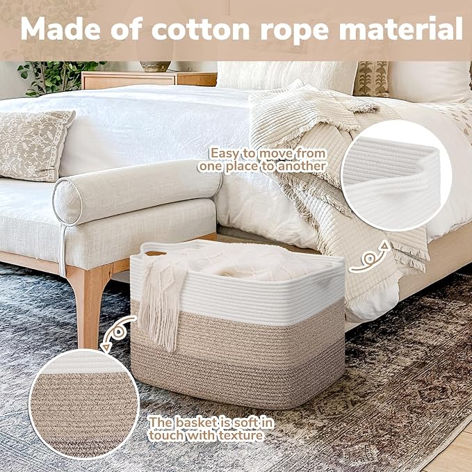 Goodpick Large Storage Basket, 18"x14"x12" Cotton Rope Organizer for Blankets, Toy Baskets Storage Kids, Rectangle Woven Basket for Living Room, Bedroom, Gradient Brown - Image 5