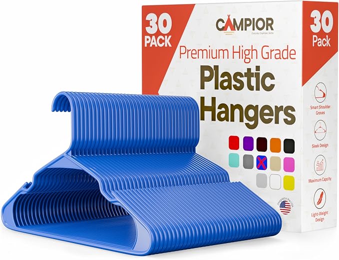 Plastic Clothes Hangers – Heavy Duty Hanger Set, for Organizing Clothes, Dresses, and Coat, Holds Up to 5 lbs, Space-Saving Hangers with Non-Slip Shoulder Grooves, Pack of 30, Blue by Campior