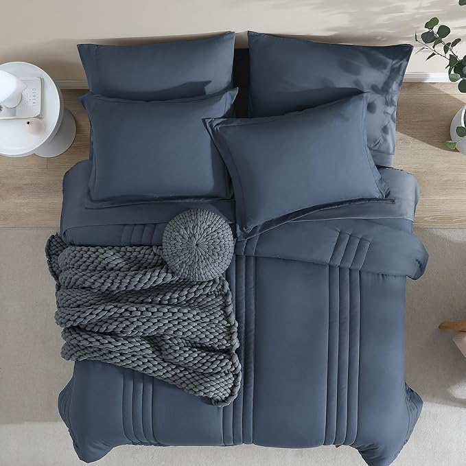Monbix Super King Size Comforter Set - 7 Pieces Blue Gray Bed in a Bag Super King Bedding Sets with Comforters, All Seasons Comforter Bed Set with Sheets,Pillowcases & Shams
