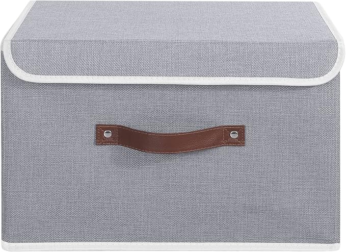 ANMINY Storage Bin with Lid Storage Boxes with PU Leather Handles PP Plastic Board Decorative Foldable Lidded Cotton Linen Fabric Home Cubes Baskets Closet Organizer Container - Gray, Large Size - Image 2