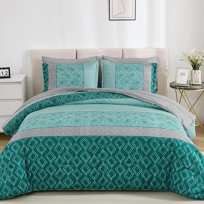 Dinjoy Queen Comforter Set Boho, Soft Teal Striped 7 Piece Bed in a Bag Queen Size Warm Blue Green Bedding Sets Plaid Comforters Bed Set with Sheets for Family Fall Winter
