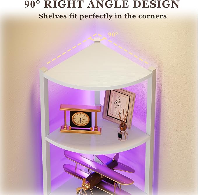 Corner Shelf with LED Lights, 6-Tier Corner Bookshelf, 66'' Organizer Book Shelf Shelves Steel Frame Display Stand with Living Room, Bedroom, Study, White - Image 4