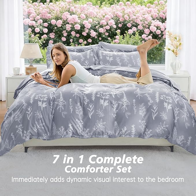 MUXHOMO Light Grey King Comforter Set, Elegant Floral Print Bed in a Bag 7 Pieces, Ultra Soft & Breathable Reversible Botanical Pattern Bedding Set with Comforter, Sheets, Pillowcases, and Shams
