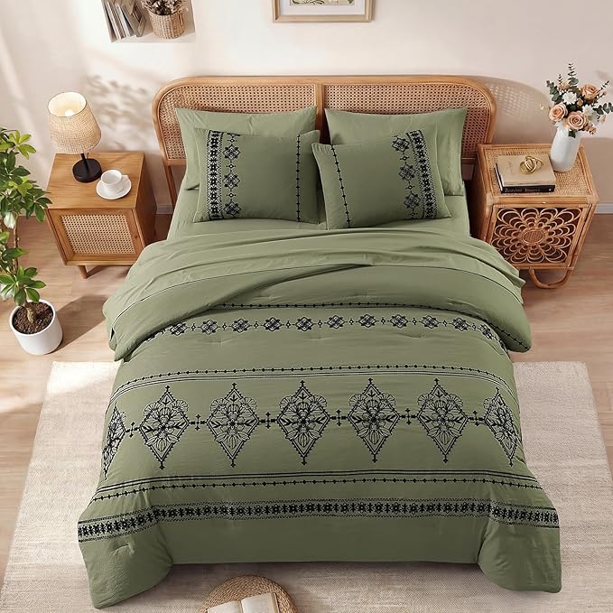 MaiRêve King Size Comforter Set Olive Green, Embroidery Floral Western Boho Bedding Set, All Season 7 Pieces Bed in a Bag with Sheets, Pillowcases & Shams