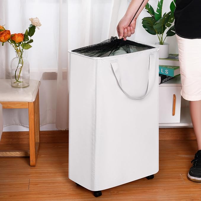 efluky Slim Laundry Hamper with Wheels, Rolling Laundry Basket for Clothes, Small Laundry Basket for Bedroom, Dorm and Laundry Room, 75L (19.8 Gallons) White - Image 3