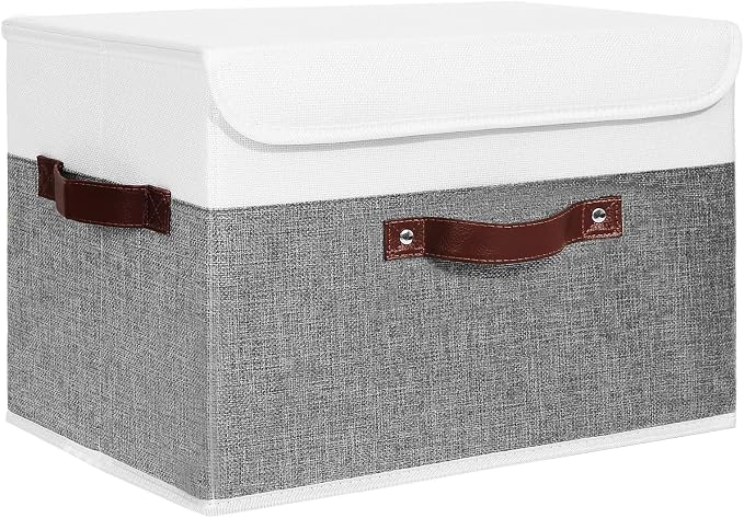 ANMINY Storage Boxes with Lids Washable Decorative Storage Bins Basket with PU Leather Handle Foldable Linen Fabric Storage Cubes Containers for Home Closet Organizer - Gray White, Large Size by ANMINY
