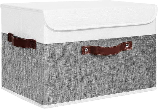 ANMINY Storage Boxes with Lids Washable Decorative Storage Bins Basket with PU Leather Handle Foldable Linen Fabric Storage Cubes Containers for Home Closet Organizer - Gray White, Large Size by ANMINY