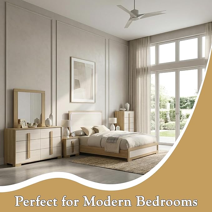 Kings Brand Furniture 6-Piece Natural/White Bedroom Set - King Size Bed with LED Lights, Dresser, Mirror, Chest and 2 Nightstands