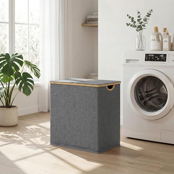 efluky Laundry Hamper with Lid, Double Laundry Hamper with 2 Removable Bags, 2 Section Laundry Basket with Bamboo Handles for Bathroom, Bedroom & Laundry Room, 140L (36.9 Gallon) Blue Grey - Image 8