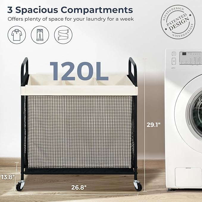 STO STO Laundry Hamper 3 Section, 120L Rolling Laundry Sorter Cart with Removable and Washable Liner Bag, Clothes Hamper with Wheels and Metal Handle for Laundry Room and Bedroom - Image 6