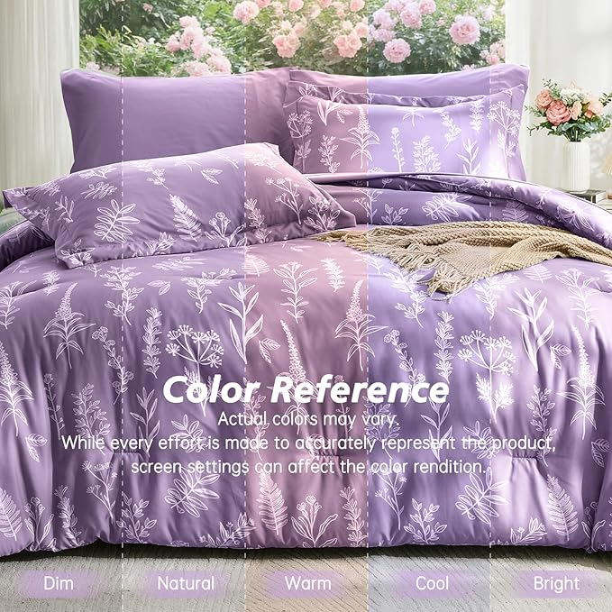 MUXHOMO Grayish Purple Full Comforter Set, Elegant Floral Print Bed in a Bag 7 Pieces, Ultra Soft & Breathable Reversible Botanical Pattern Bedding Set with Comforter, Sheets, Pillowcases, and Shams