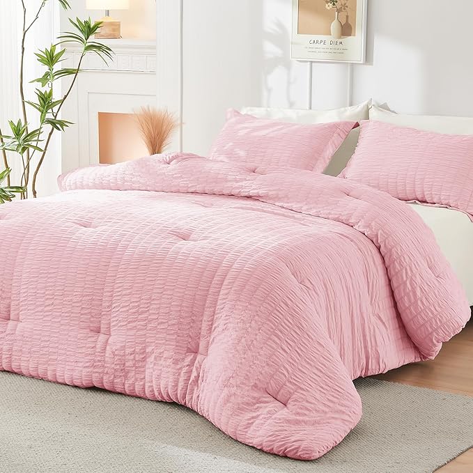 HYMOKEGE Pink/Ivory Queen Comforter Set Seersucker 7 Pieces, All Season Luxury Bed in a Bag Queen for Bedroom, Bedding Set with Comforter, Sheets, Pillowcases & Shams