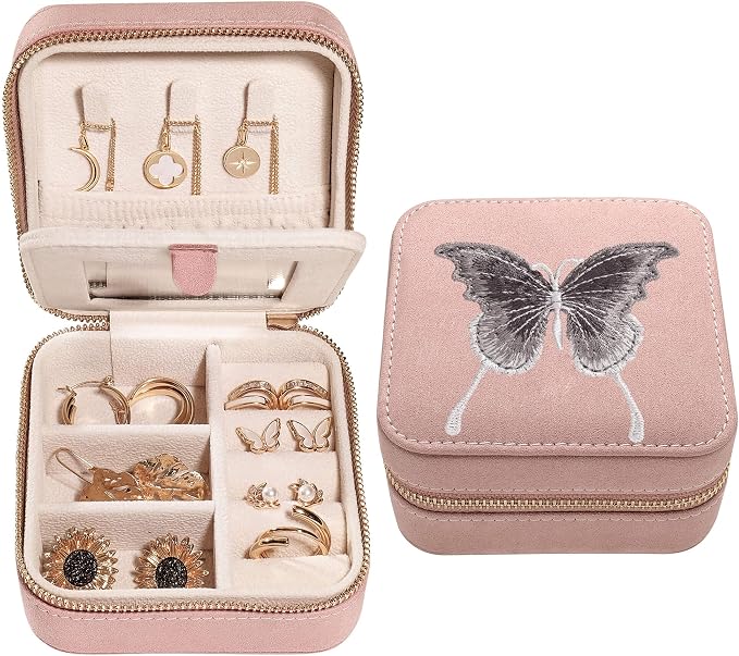 S.Leaf Travel Jewelry Organizer Boxes for Women Small Portable Necklace Earrings Bracelet Rings Travel Case Best Friend Birthday Gifts for Women Trendy (Butterfly_Pink_Gray) by SLeaf