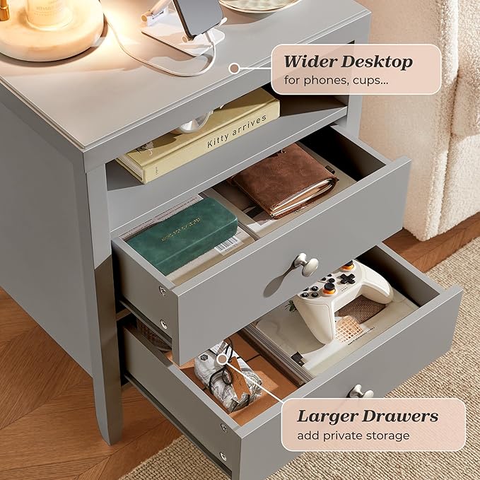 Huuger Grey Nightstand Set of 2, Night Stand with Charger Station, Bedside Table with 2 Drawers, Bed Side Tables for Bedroom, Modern Nightstands, Metal Knobs, Painted Surface