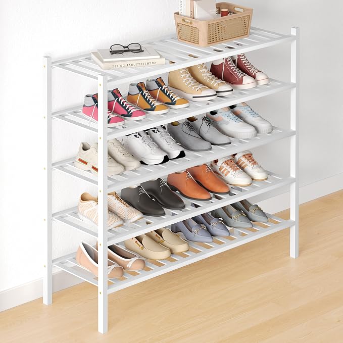 Smiry Bamboo Shoe Rack for Closet, 5 Tier Long Wooden Stackable Shoe Organizer, Free Standing Shoes Storage Shelf for Entryway, Front Door Entrance, White by Smiry
