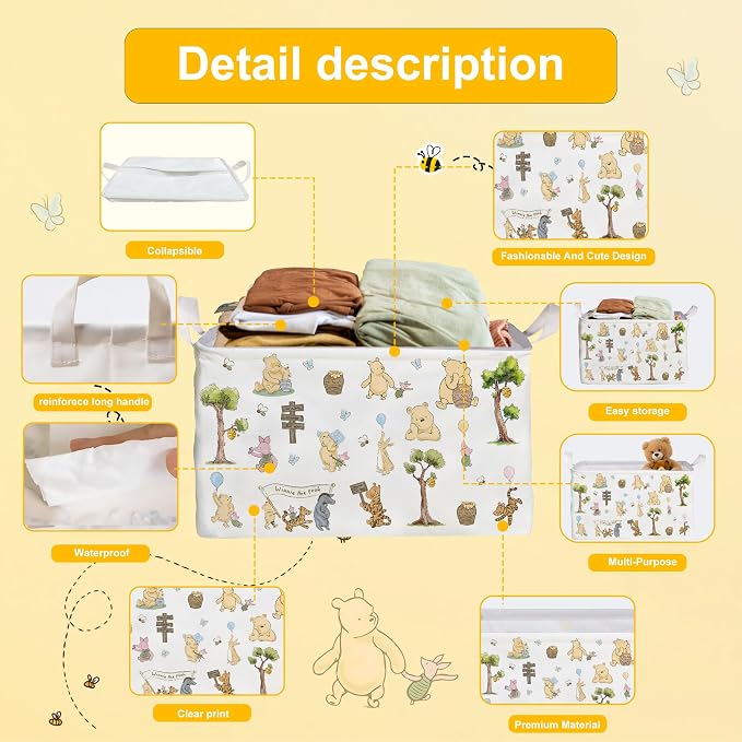 Winnie Storage Nursery Basket,Large squarecanvas Laundry Hamper WithWinnie baby Stuff A Waterproof PECoating, Foldable, Bathroom and Bedroom SetClothes ,Toys Bin, Baby Nursery HamperDecor - Image 3