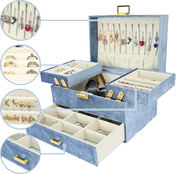 Dajasan Jewelry Organizer Box, Large Jewelry Boxes for Women Girls, Space-Saving 3 Layers Jewelry Storage Case with Drawer, Gift Idea for Christmas, Valentine's Day, Birthday, Mother's Day (Blue) - Image 2