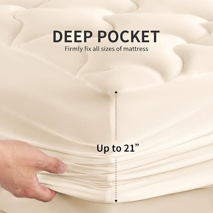 SLEEP ZONE Twin XL Quilted Fitted Mattress Pad, Cooling Mattress Protector, Breathable Fluffy Soft Mattress Topper, Stretches up to 21 Inch Deep Pocket, All Season Use (Beige, Twin XL)