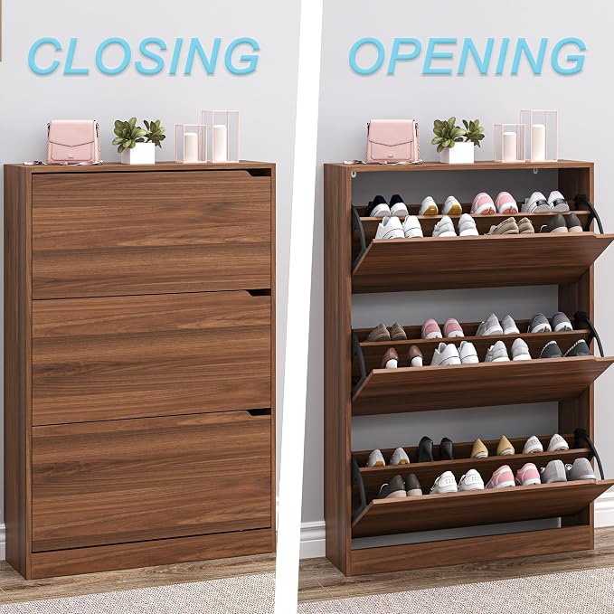 BORNOON Shoe Cabinet with 3 Flip Drawers, Slim Narrow Shoe Storage Cabinet, Freestanding Shoe Organizer with Adjustable & Removable Shelves, Top Display Shelf for Entryway, Hallway, Foyer, Closet - Image 5