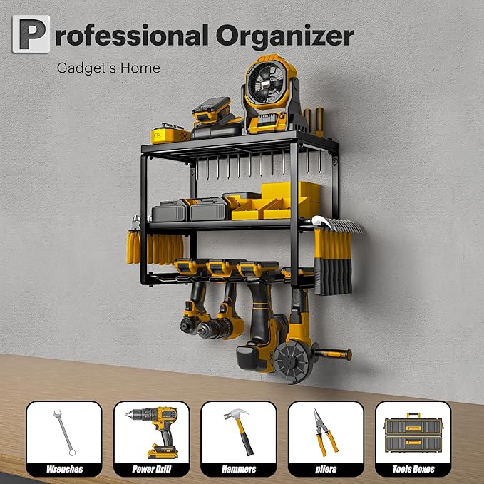 Spampur Power Tool Organizer Wall Mount, 3 Layers Storage Rack with 4 Drill Holders, Garage Storage Rack for Handheld, Metal Tool Shelf Utility Rack for Cordless Power Tools, Suitable for Giving men - Image 2