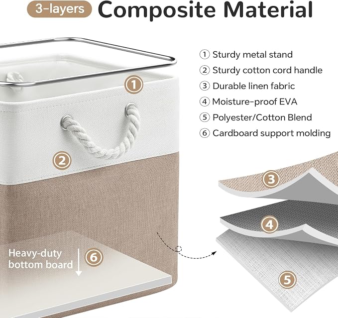 12 x 12 Inch Cube Storage Bins, 4 Pack Fabric Storage Basket with Handles, Foldable Boxes Organizer for Shelf Baskets for Home, Clothes (White/Khaki) - Image 4