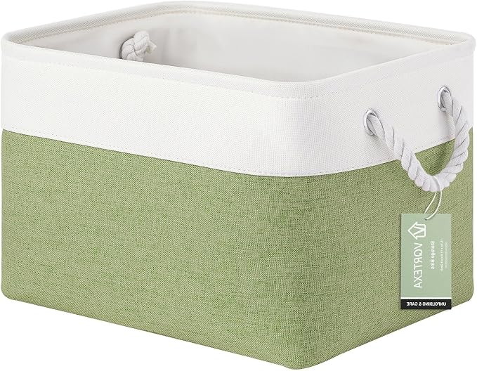 Large Storage Baskets- 15x11x10 inch Storage Bins for Shelves and Closet Organizing, Foldable Fabric Bin for Home Organization Clothes and Laundry (1-Pack, White&Green) by VQRTEXAStorageBasket