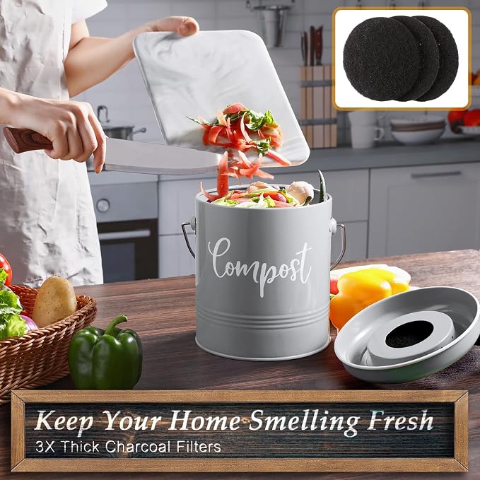 DAYYET Gray Compost Bin Kitchen, 1.3 Gallon Farmhouse Kitchen Compost Bin Countertop with Lid and Charcoal Filters, Indoor Compost Bucket for Decor and Accessories - Image 3
