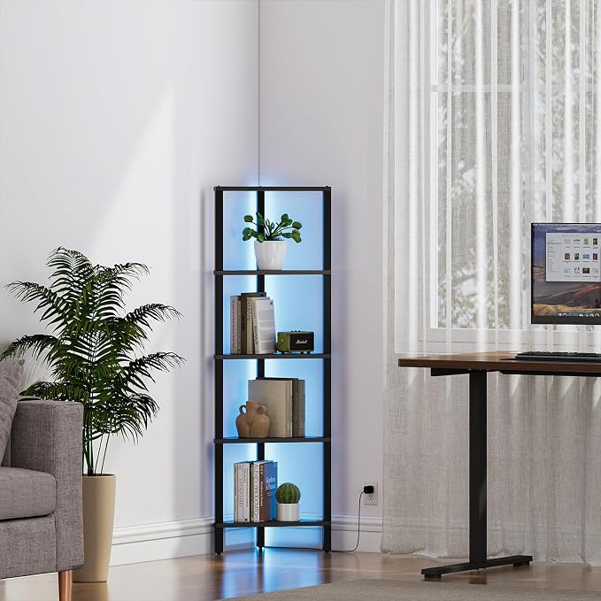 TUTOTAK Corner Shelf with LED Light, 5-Tier Corner Bookshelf for Small Space, Narrow Display Corner Shelf Stand with Storage Rack, for Living Room, Bedroom, Black BS05BK005L - Image 8