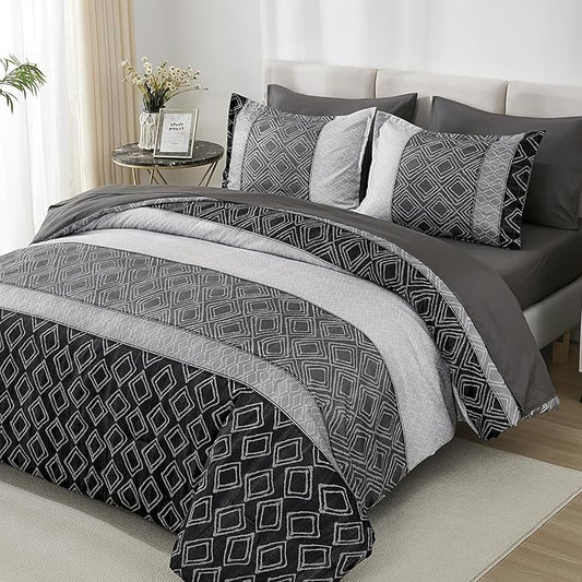 Dinjoy Black/Gray King Size Comforter Set, Warm Boho Bed in a Bag King 7 Pieces Fall Striped Bedding Mens Comforters Sets Patchwork Bed Sets Complete Decor for Women Winter