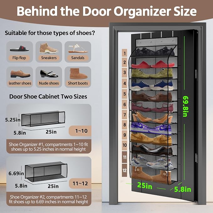 PAULONE 12 Pocket Over the Door Shoe Organizer,Reusable Breathable Large Mesh Bag Men's & Women's Sneaker Organizer,Shoe Organizer for Kids,Hanging Shoe Storage Hanging Bag (Grey) - Image 3