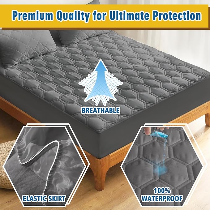 Waterproof Mattress Pad Full Size, Breathable Mattress Protector with 6-16” Deep Pocket, Gray