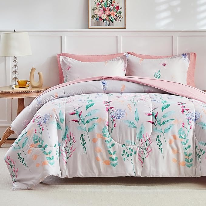 AIKASY 7-Piece Comforter Set Bed in a Bag, King Size, Floral Watercolor Pattern - Bedding Set with Comforter, Pillow Shams, Fitted Sheet, and Pillowcases - Soft and Cozy All-Season (Pink Floral)
