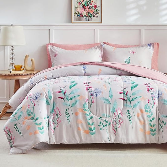 AIKASY 6-Piece Comforter Set Bed in a Bag, Twin Size, Floral Watercolor Pattern - Bedding Set with Comforter, Pillow Shams, Fitted Sheet, and Pillowcases - Soft and Cozy All-Season (Pink Floral)