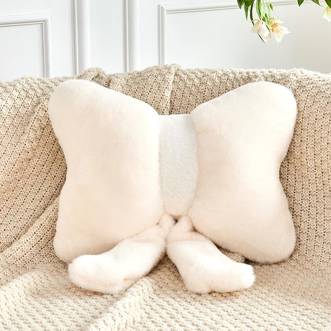 XVTRU Ivory Bow Pillow, Soft Bow Decorative Pillows with Faux Rabbit Fur, Cute 12" Bow Throw Pillows, Aesthetic Home Decor Bow Shaped Plush Pillow for Bedroom Sofa Couch