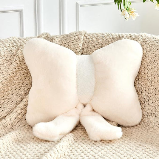 XVTRU Ivory Bow Pillow, Soft Bow Decorative Pillows with Faux Rabbit Fur, Cute 12" Bow Throw Pillows, Aesthetic Home Decor Bow Shaped Plush Pillow for Bedroom Sofa Couch