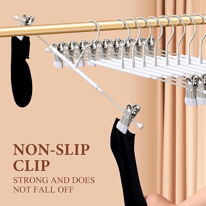 Pants Hangers with Clips 10 Pack 16Inch Adjustable Skirt Hanger for Women Non-Slip Trousers Hanger for Jeans Clothes Hangers for Pants Heavy Duty Space Saving Shorts Hangers,White - Image 4