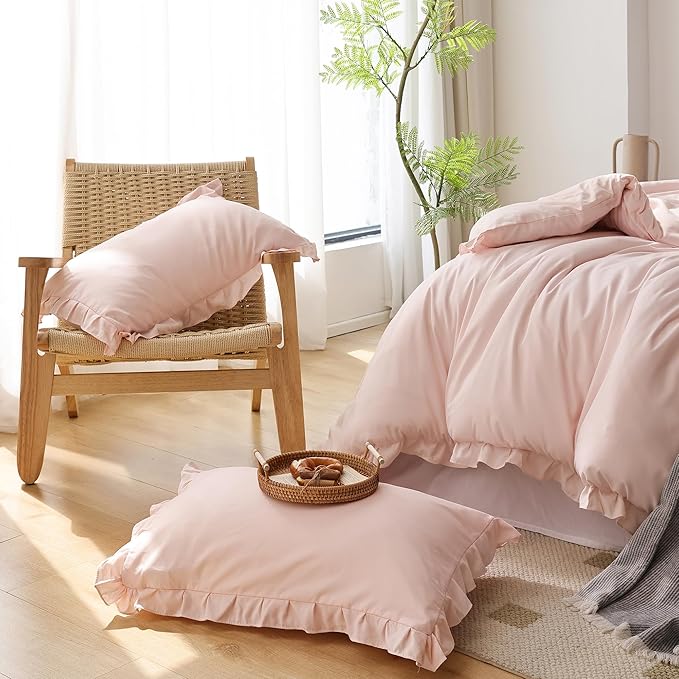JANZAA Full Size Comforter Pink Comforter Set 3PCS 1 Ruffled Comforter Set and 2 Pillow Cases Blush Pink Bed Set Vintage Farmhouse Shabby Chic Bedding Soft All Season