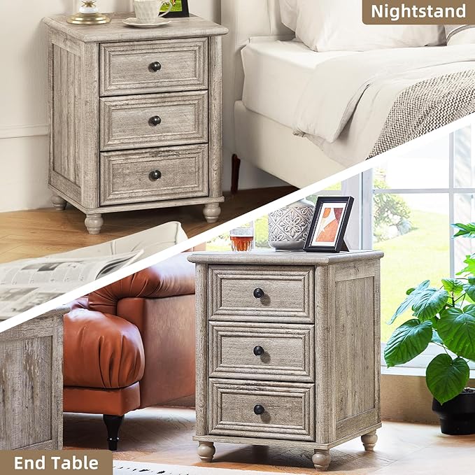 RWYHG 18" Farmhouse Night Stand, Wood Nightstand with 3 Drawers, Grey Bedside End Table with Storage and Roman Column, Bed Side Tables Cabinet for Bedroom, Living Room, and Closet