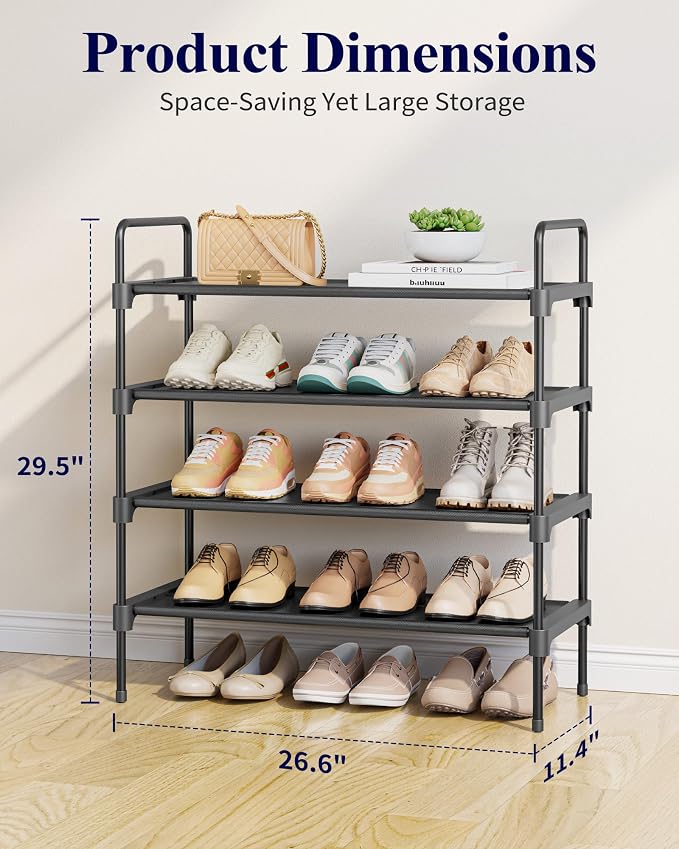 Kitsure Shoe Rack for Closet, Shoe Organizer for Front Door Entrance, Stackable Shoe Shelf, Detachable Closet Organizers and Storage, 26.6" Wide - 4 Tiers, Black - Image 3