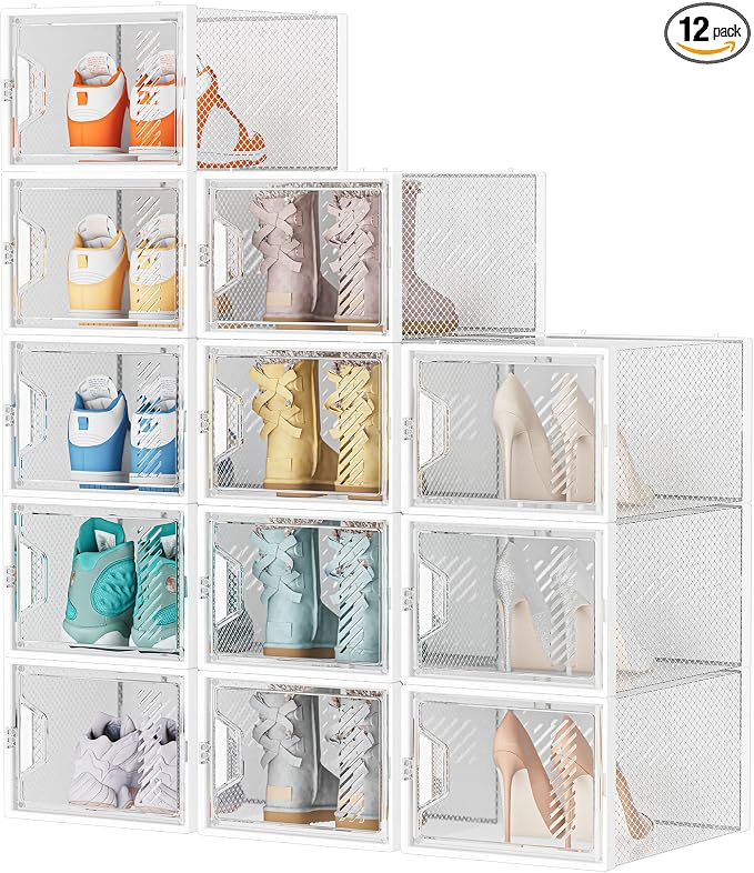 Shoe Storage, 12 Pack X-Large Shoe Organizer for Closet, Shoe Boxes Clear Plastic Stackable Shoe Storage Boxes for Size 13 by DecorateYourHome