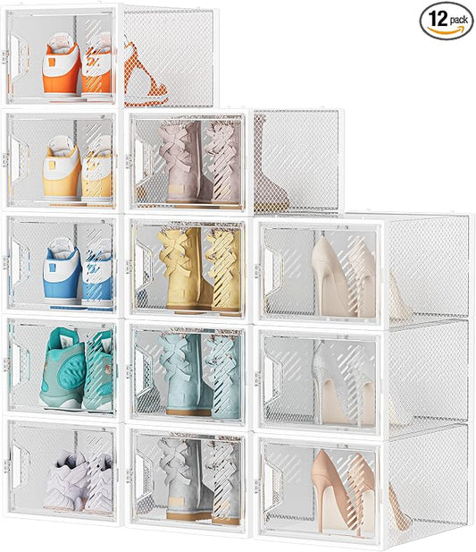Shoe Storage, 12 Pack X-Large Shoe Organizer for Closet, Shoe Boxes Clear Plastic Stackable Shoe Storage Boxes for Size 13 by DecorateYourHome