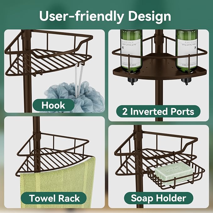 Corner Shower Caddy Tension Pole, 4 Tier Rustproof Shower Tension Rod Organizer, Adjustable 25-125 Inch Bathroom Shower Organizer Shelves for Bathtub Shampoo Storage, Brown - Image 3