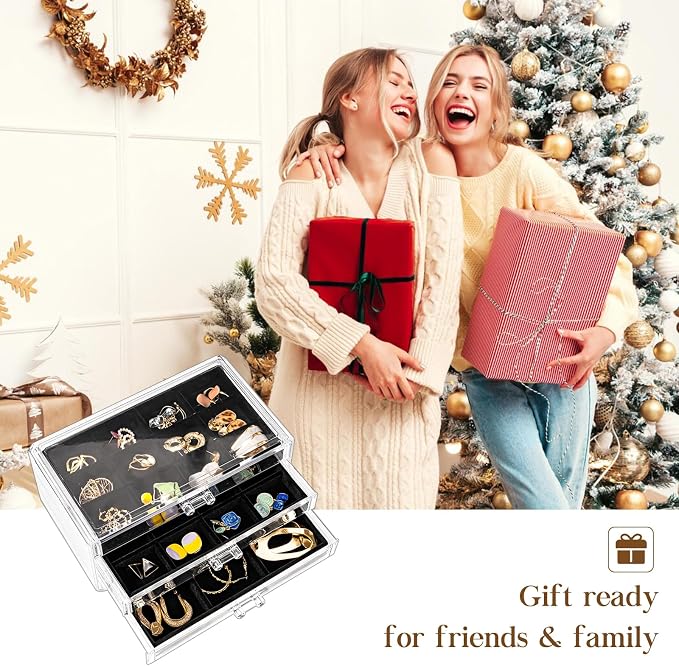 ProCase Earring Holder Organizer Jewelry Box with 3 Drawers, Acrylic Clear Earring Case with Adjustable Velvet Trays for Women - Black, 3 Layers - Image 7