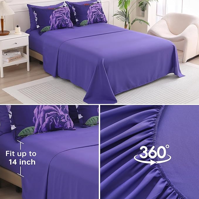 Drucon Dark Purple Floral Comforter Queen Size 7 Pieces Bedding Sets Queen Bed in a Bag, Botanical Floral Comforter with Sheet Set, Soft Microfiber Bedding Set for All Season(Dark Purple, 90"x90")
